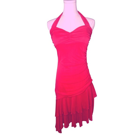 Halter Asymmetrical Ruffled Pink Dress Womens M Y2K Fairy 90s Tiered Barbie art - Picture 1 of 14